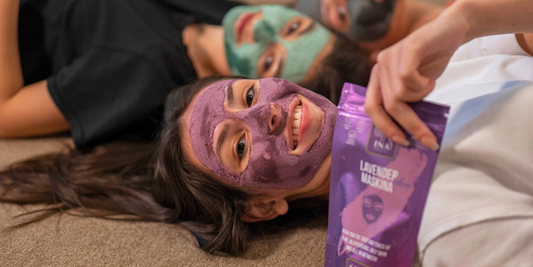 Natural home acne treatment routine with herbal soap and lavender water