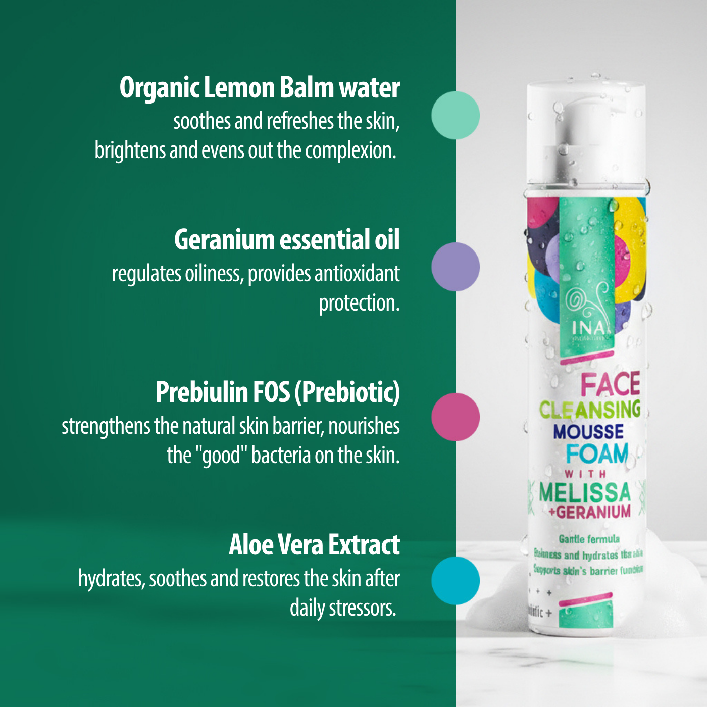 Natural Cleansing Foam for Face with Lemon Balm and Geranium - for every skin type